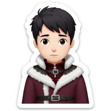 Medieval winter outfit worn by a DnD themed fantasy male character. Heavy maroon wool tunic with rabbit fur trim, featuring a high collar with silver clasps, belted with a sturdy leather strap. Clothes only above the waist, full waist coverage. The character has no arms. Character is white-skinned with raven black hair, deep brown eyes, and short messy hair dusted with snowflakes. sticker