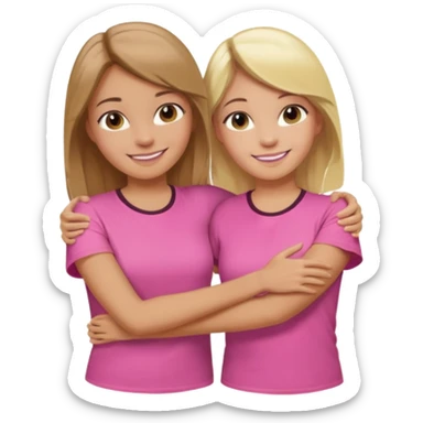 Two Girls with their arms around each other at summer camp one blonde one brown hair wearing pink shirt smiling  sticker