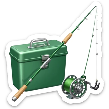 A fishing rod with reel and line neatly coiled beside a bait box. sticker