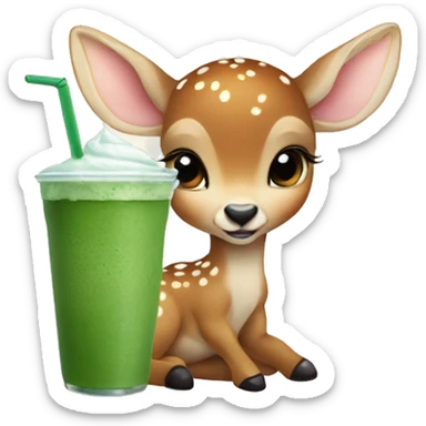 baby deer drinking iced matcha latte  sticker