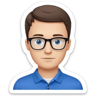 Scott The Woz Young white man, late 20s, short brown hair, blue eyes, clean-shaven, thin black rectangular glasses, slim build, wearing a blue polo shirt, friendly and energetic look. sticker