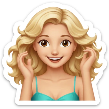 Pretty blonde model, brown eyes, soft wavy hair, super excited and happy dance sticker