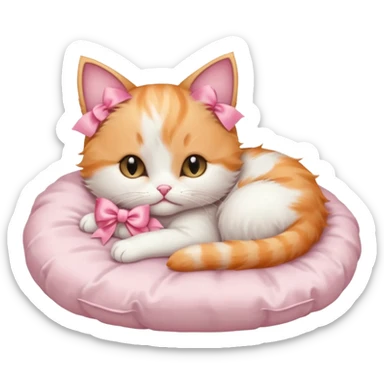 light orange and white kitten with a satin pink bow sleeping on a satin white cat  ed sticker