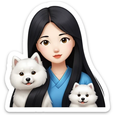 a Chinese girl with long black  straight hair and a samoyed sticker