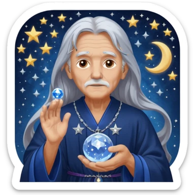 The Dream Interpreter will be depicted as an elderly figure with long, silver hair and a piercing gaze.  He will be dressed in a long, dark blue robe, decorated with embroidered stars and moons.  🌟 He will hold a crystal ball 🔮 in his hand, in which hazy images of dreams can be seen sticker