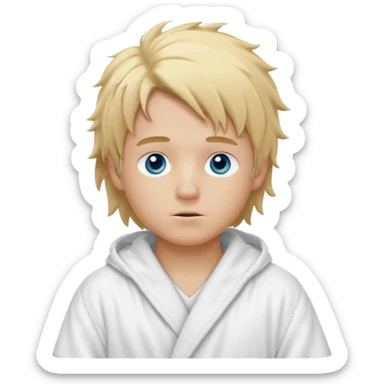 Create a blond boy with long, messy hair, light eyes, a white t-shirt, long hair, blue eyes, medium length, voluminous, wearing a white Nike bathrobe and a little blush near his nose. He also wears a balaclava, the kind a gangster balaclava wears, covering his entire face, and make him cute. sticker