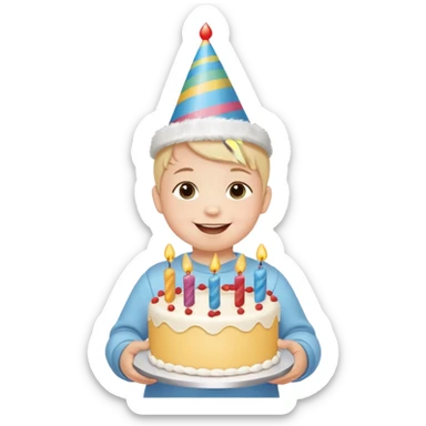 cute baby wearing birthday hat with birthday cake sticker