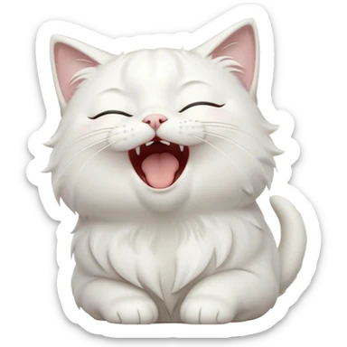 Cinematic Cute Yawning White Cat Portrait Emoji, Head gently tilted with an endearing, wide-open yawn and softly closed eyes, showcasing a pristine white fur with delicate hints of silver, simplified yet irresistibly adorable, highly detailed, glowing with a tender, cozy radiance, high shine, exuding sleepy charm and gentle affection, styled with a soft glowing outline, capturing the essence of a white cat caught mid-yawn, radiating pure, adorable lethargy! sticker