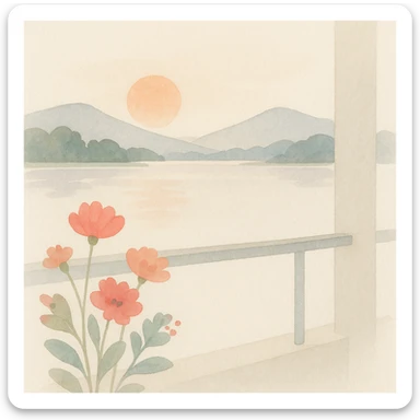 soft watercolor illustration in a minimalist modern style of a perfect sunset view from a hotel balcony overlooking peaceful Xuan Huong Lake with beautiful flowers blooming in the foreground and mountains in the background, pastel colors, delicate linework, gentle whimsical mood, minimal soft shading sticker