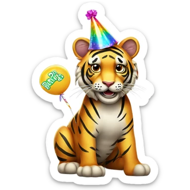 Party Tiger with a party hat and a party popper sticker