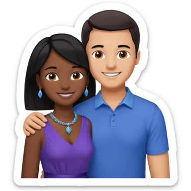 smiling embracing interracial couple. man is tan and has short brown straight hair he is wearing blue. woman has very dark black skin and long dark black hair. she is wearing purple and has matching blue jewelry on sticker