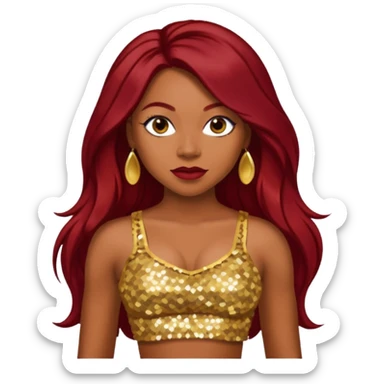 LaTavia Robeson with long dark red hair, gold sequin crop top  sticker