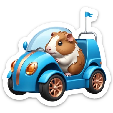 dark crystal blue and rosegold-accented cyber truck style-faceted-body electric racing car driven by a small cute but relaxed Guinea pig with rear spoiler, roll bar, and wheely bar sticker