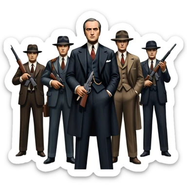 Vintage noir poster with Don Corleone surrounded by gangsters holding Thompson submachine guns. Dark and moody atmosphere with shadows, suits, and a mysterious vibe. Background features New York skyscrapers, adding to the gritty, classic gangster film feel. Transparent background. sticker
