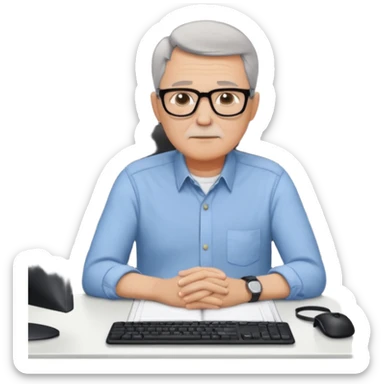 un uomo di circa 60 anni, capelli corti e brizzolati, occhiali con montatura nera, seduto ad una scrivania in un grande ufficio vuoto, tutto bianco, con il mobilio bianco, davanti a tre monitor ed un notebook, che lavora scrivendo software sticker