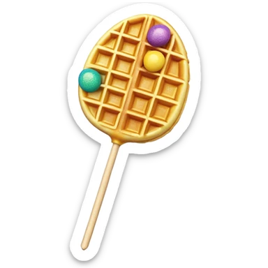 3D rendered Hong Kong egg waffle on stick like lollipop, vibrant golden color with rainbow sprinkles, hyper-realistic bubbled texture, glossy candy finish, fun playful design, detailed textures sticker