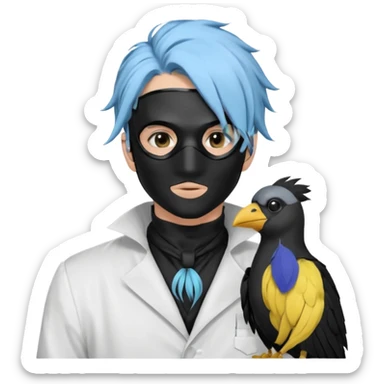 Handsome sexy adult anime man with light-blue hair and a black bird beak mask that covers whole face, black face mask, black mouth mask, black feathers draped over shoulder, wearing a white lab coat, long thin hair tendrils on the sides sticker
