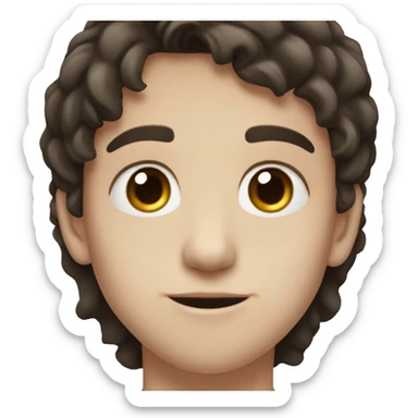 boy with dark brown hair, brown eyes, pale skin, and a septum piercing sticker