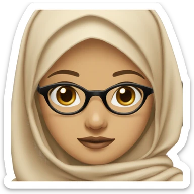 Girl in hijab, with plump lips and glasses, brown eye color, light skin color, long eyelashes, beige hijab color, beige sweater beige sticker