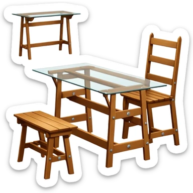 A glass topped rectangular trestle table with a high-backed chair on each short side and a bench on each long sided  sticker