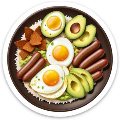 Bandeja Paisa Cinematic Realistic Bandeja Paisa Dish Emoji, depicted as a hearty platter featuring rice, beans, avocado slices, one sausage, a perfectly cooked egg, and crispy pork crackle, rendered with vivid textures and robust, inviting lighting. sticker