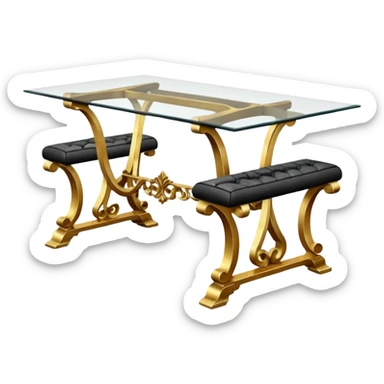 A glass topped rectangular trestle table with 2 side benches and 2 thrones at the ends sticker