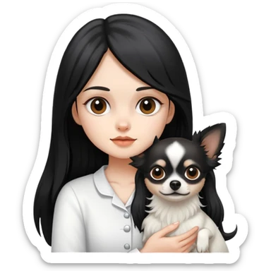 A girl with fair skin, wearing white clothes, holding a black long-haired Chihuahua sticker