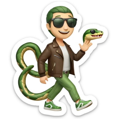 friendly anthropomorphised snake in sunglasses, jacket and sneakers, walking with a smile sticker