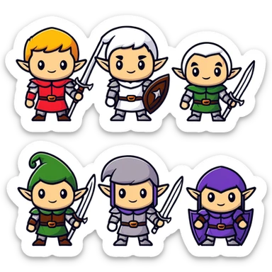 Lineage 2 character group with Human knight, Elf archer, Dwarf fighter, and Dark Elf mage sticker