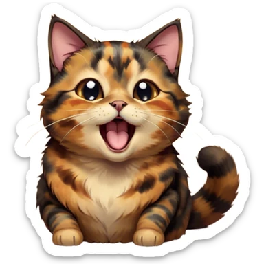 Cinematic Cute Yawning Tortoiseshell Cat Portrait Emoji, Head slightly tilted with a wide, adorable yawn and half-closed, dreamy eyes, featuring a warm, mottled fur of rich browns and blacks, simplified yet irresistibly cute, highly detailed, glowing with a soft, slumbering radiance, high shine, exuding a relaxed, drowsy charm, styled with a gentle, soft glowing outline, capturing the essence of a tortoiseshell cat in a precious moment of sleepy delight! sticker