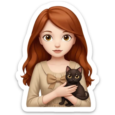 a beautiful girl with long red and brown hair, clear brown eyes, in a beige dress and with a beige bow holds two black cat in her hands sticker