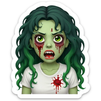 a zombie with long curly black hair volumoso, brown eyes, a white t-shirt and a splash of blood on her t-shirt, mouth open like a zombie, green skin color, not much expression, no drawing on shirt, no hands showing, less blood on her face,  sticker