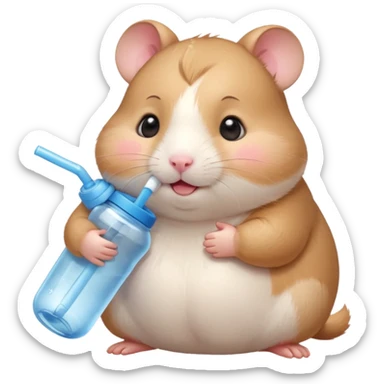 Cute chubby cartoon-style hamster hugging an oversized water bottle, sipping with tiny straw, happy expression. Painterly shading, expressive eyes, white background, sticker-style illustration sticker