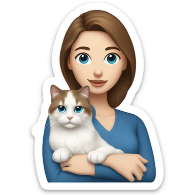 woman with brown hair and holding a all white Siberian cat with blue eyes sticker