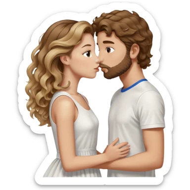 A girl with very long  balayage brown & blond curls kissing a boy with brown hair and a sort beard. She wears a dress white and he wears a wihite sports shirt from nike sticker