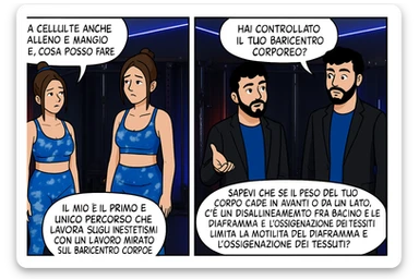TRASFORMA QUESTO CAROSELLO IN UN FUMETTO CON QUESTE DUE PERSONE IDENTICHE CHE INTERLOQUISCONO TRA LORO:

LEI: Ho la cellulite anche se mi alleno e mangio bene, cosa posso fare?

LUI: Hai controllato il tuo baricentro corporeo?
Sapevi che se il peso del tuo corpo cade in avanti o da un lato, c’è un disallineamento fra bacino e torace, che comprimendo le coste, limita la motilità del diaframma e l’ossigenazione dei tessuti?
Il mio è il primo e unico percorso che lavora sugli inestetismi con un lavoro mirato sul baricentro corporeo. sticker
