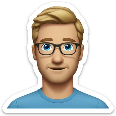 A head and shoulders shot of a 35 year old white man, with short brown hair, with none facial hair,  wearing glasses with blue eyes wearing a t-shirt. sticker