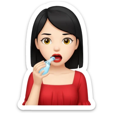 a girl with black hair and red dress rinsing mouth with pale yellow water coming out from a banana above her head sticker