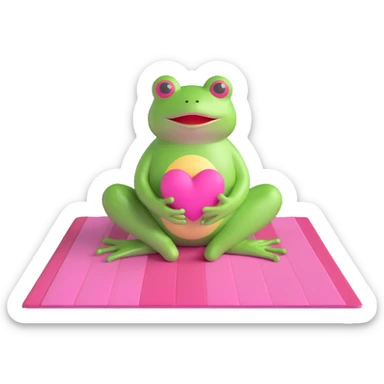 A 3D emoji of a frog meditating on a pink mat with a heart above its head, surrounded by stars, in the style of iOS 18 emojis. sticker