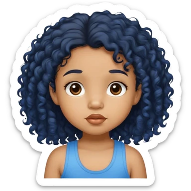 light brown skin tone, very adorable toddler, with big plump lips, long long lashes, black curly hair, middle hair parting, brown eyes, blue tank top sticker