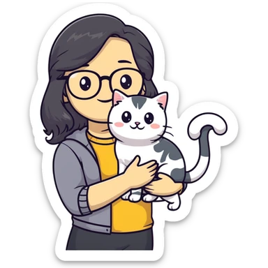 Young woman with warm yellow skin tone, oval face, long black wavy hair, thin-framed glasses, smiling while holding a grayish-white Munchkin cat with short legs and gray marking under its mouth sticker