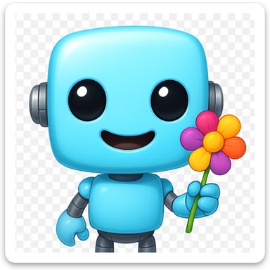Edit the image to depict a light blue (#b0f2f8) cute robot holding a flower and looking cheerful, in the style of an apple emoji. sticker