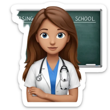 inside a classroom at university that says nursing school on the board with a pretty female nursing student with long brown hair, blue eyes sticker
