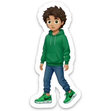 a 14 year old slightly tanned teenage boy with dark brown tousled wavy hair, dark brown eyes wearing a green tshirt, a dark green hoodie, blue jeans and green nike air jordans sticker
