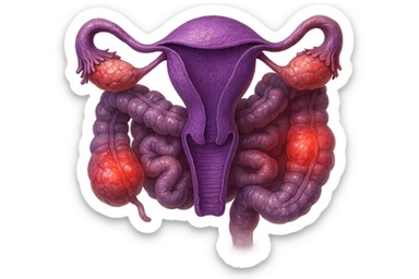 utero umano anatomico iperrealistico e intestino umano anatomico iperrealistico hanno in comune il dolore e l'infiammazione, rendi bene il collegamento tra i due organi doloranti, falla iperrealistica, non disegnata, fai colori che si adattano a questo viola #971ef1 sticker