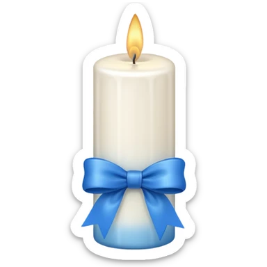 white candle with a blue bow sticker