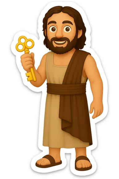 Make the shirt sleeveless like in 'The Chosen' show, keep plain robes, fullbody apostle Peter, high detail, emoji style, holding keys, detailed beard, standing pose, no background. sticker