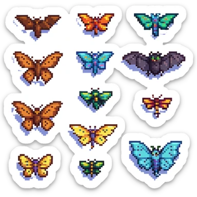a lineup of winged animals including a bird, bat, butterfly, and dragonfly in pixel art style sticker