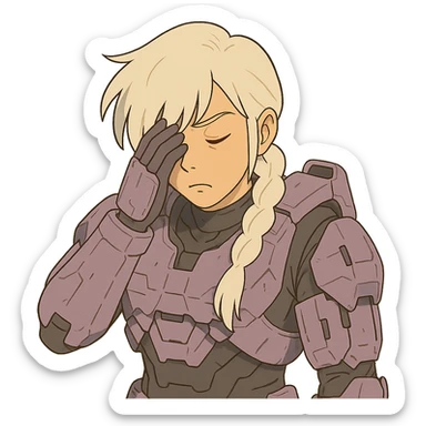 female, wearing reach spartan armor shoulder-unequip, long white braid hair with massive messy front side single bangs, gold yellow eyes, attention pose, HALO:series, no helmet, the armor is lavender color scheme, facepalm, smh, eyes closed sticker