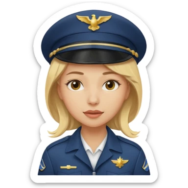 A female pilot with light skin and blonde hair under her cap sticker